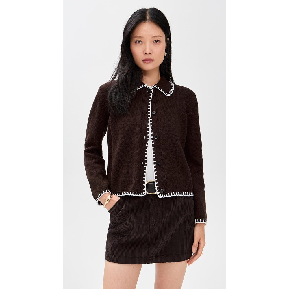 Rails Rayleen Cardigan Sweater Brown White Contrast Blanket Stitch Women XS